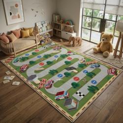 Детски килим за игра 120х160см - Тъмнозелен килим с автописта, противо