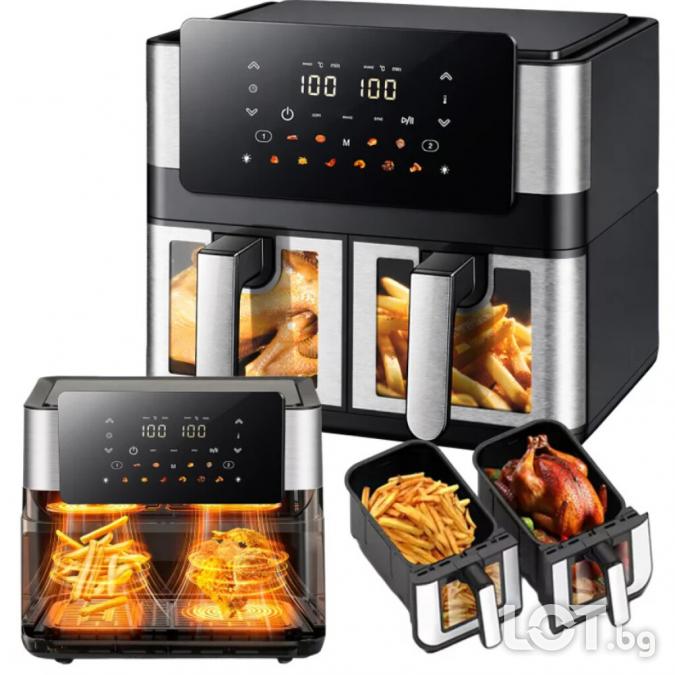 Фритюрник с горещ въздух 8L 2 4L, 2000w, 12 програми, двойна камера,