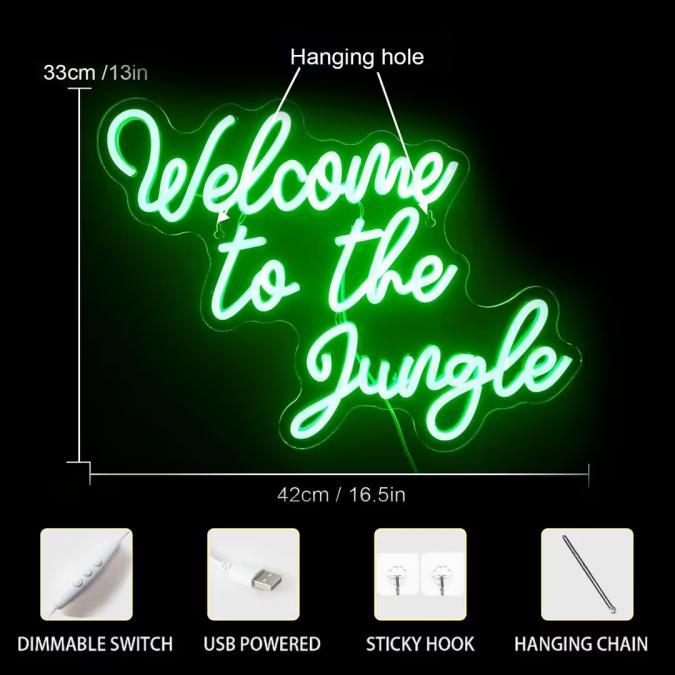 Неонов надпис Добре дошли в джунглата  Зелен
