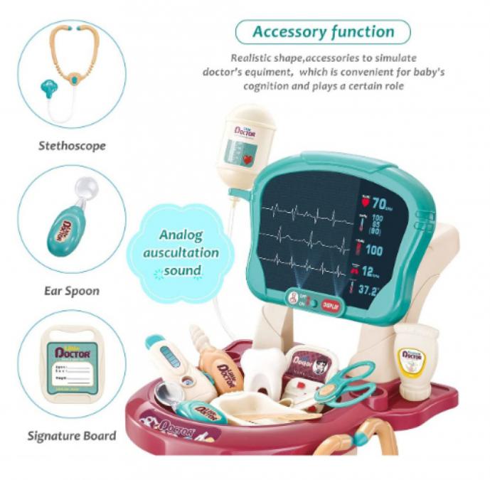Комплект за игра на доктор с количка, 29 части със светлина и ЕКГ мони..