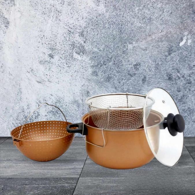 Тенджера с гевгир и кошница за пържене Voltz, 24 12.5см., Меден въгл.