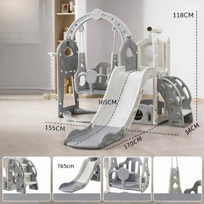Детска сива пързалка с люлка 3 в 1  за дома и двора, стабилна и безоп