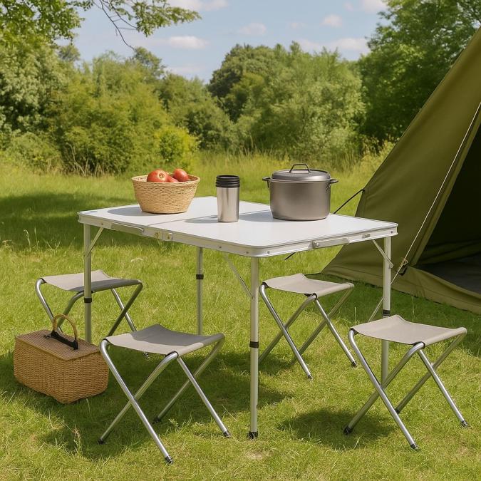 Комплект сгъваема алуминиева маса с 4 стола  идеален за къмпинг, двор