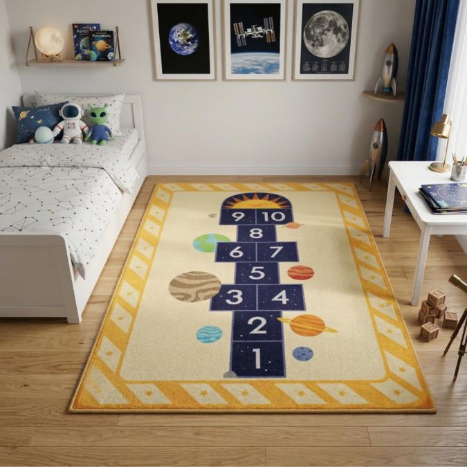 Детски килим за игра 120х160см - Жълт килим с планети и дама, противоп