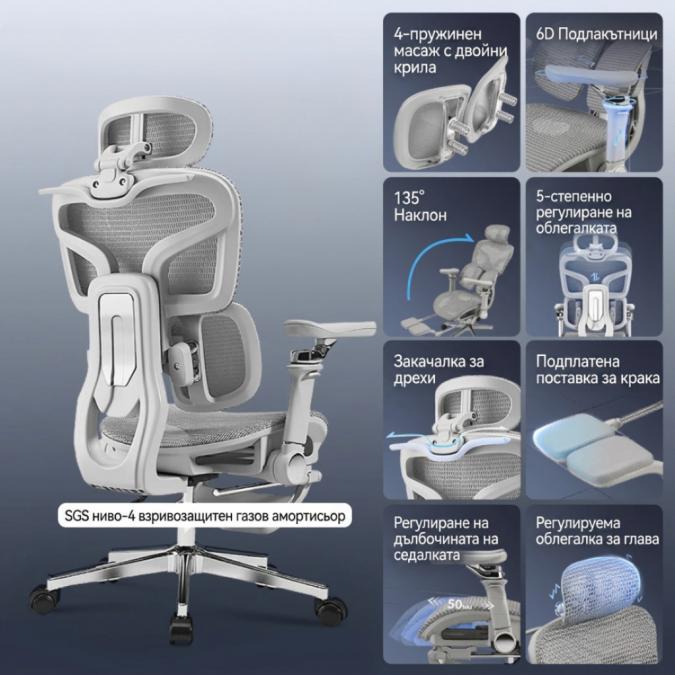Ергономичен геймърски стол до 240 кг с 6D подлакътници и наклон 135