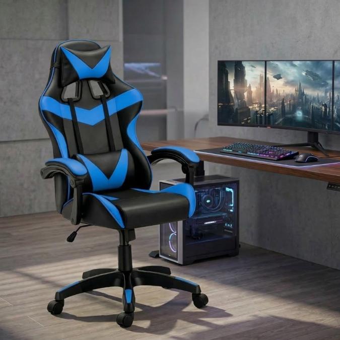 Геймърски стол с релакс механизъм, прибираща се поставка за крака и ек