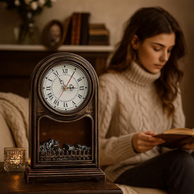 Винтидж настолен часовник с LED камина  уют и стил в едно