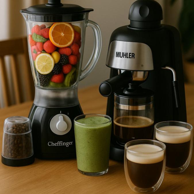 Комплект от еспресо машина Muhler Mcm-33  2 стъклени чаши и блендер с