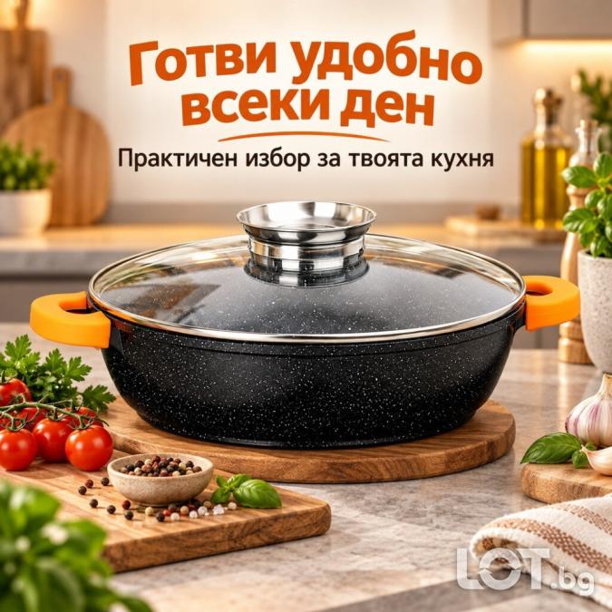 Дълбок гранитен тиган с капак и дозатор 28 cm, 3,3 l