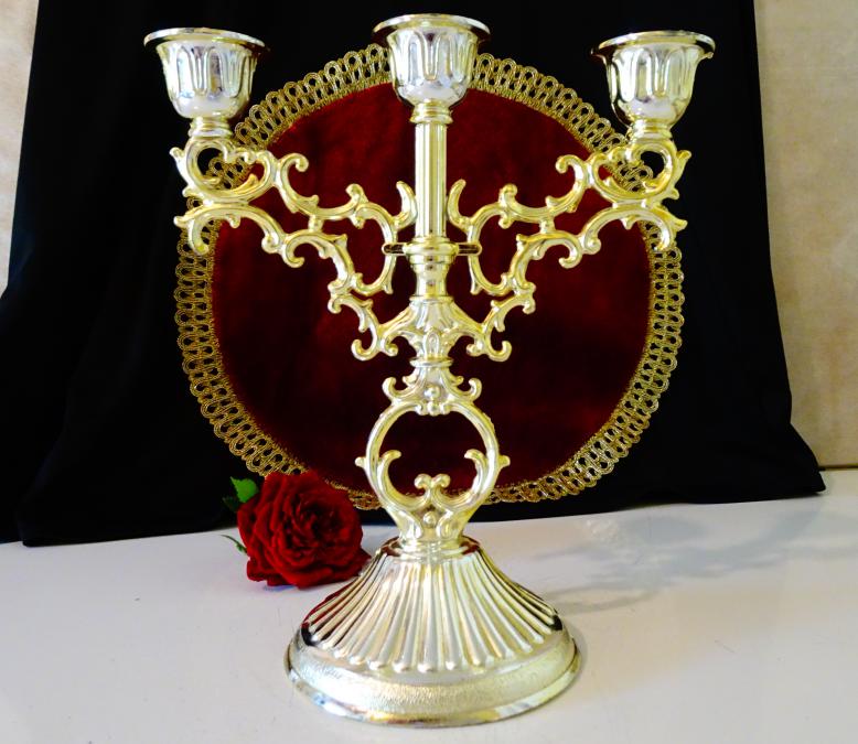 Позлатен калаен свещник тройка, троен свещник, печат.