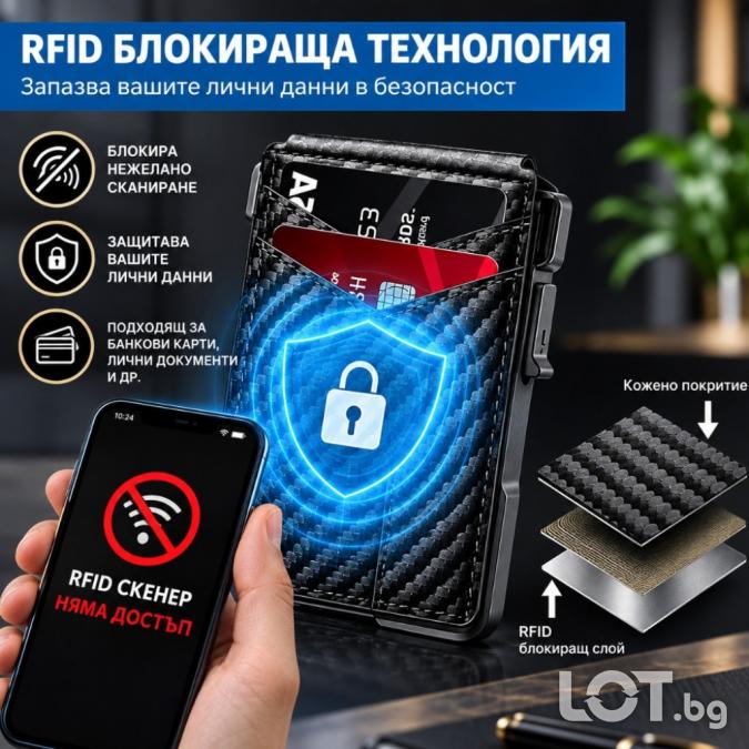 Мъжки портфейл за карти с Rfid защита, автоматично изваждане и магнитн
