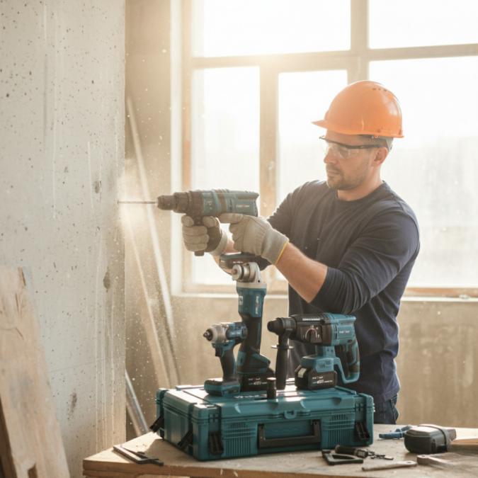 Комплект 4 в 1 - акумулаторен перфоратор, винтоверт, гайковерт и ъглош