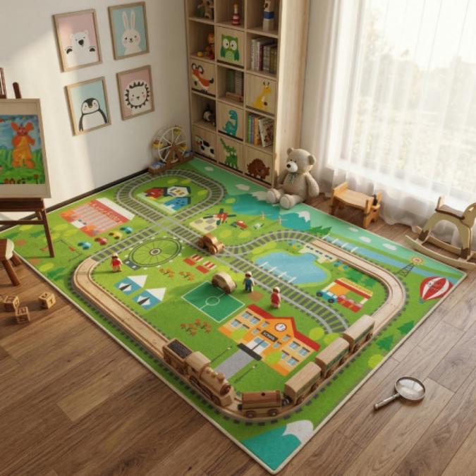 Детски килим за игра 120х160см - Яркозелен килим с влак и релси, проти
