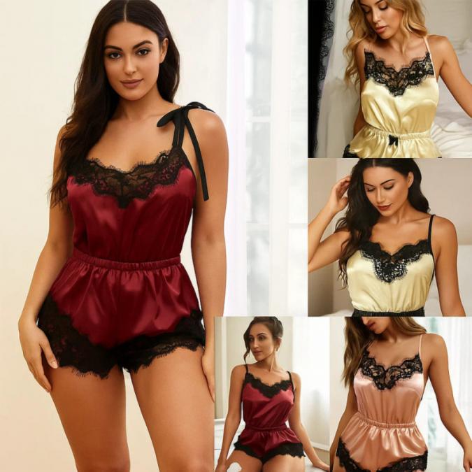 Дамска пижама комплект сатен, топ и къси панталонки, стилна