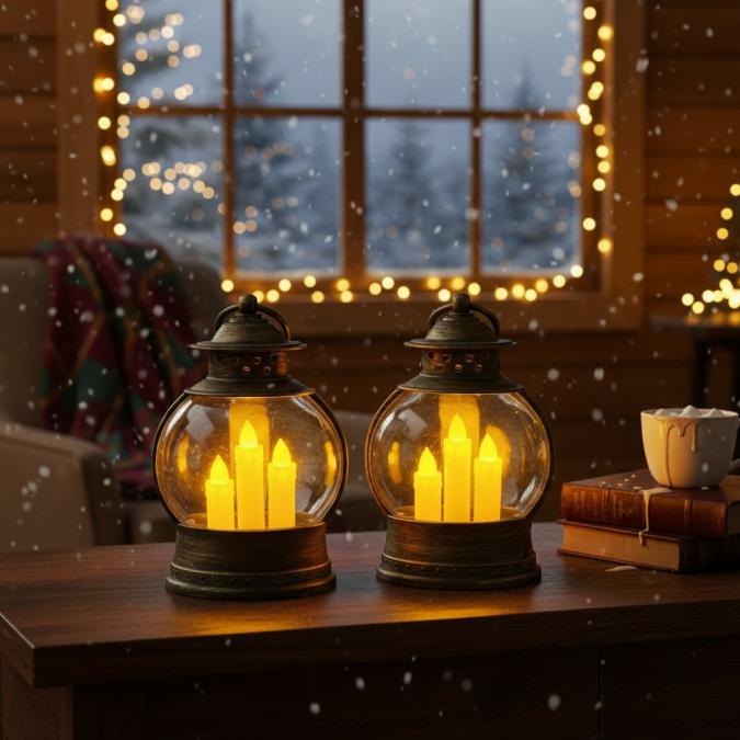 Декоративен коледен фенер с три LED свещи  безопасна и магична светли