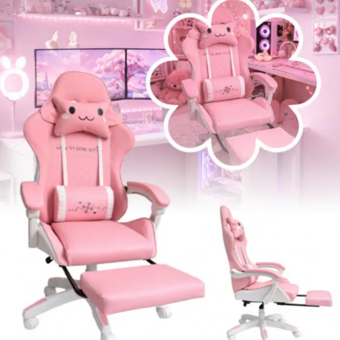 Ергономичен розов геймърски стол с поставка за крака - регулируема обл