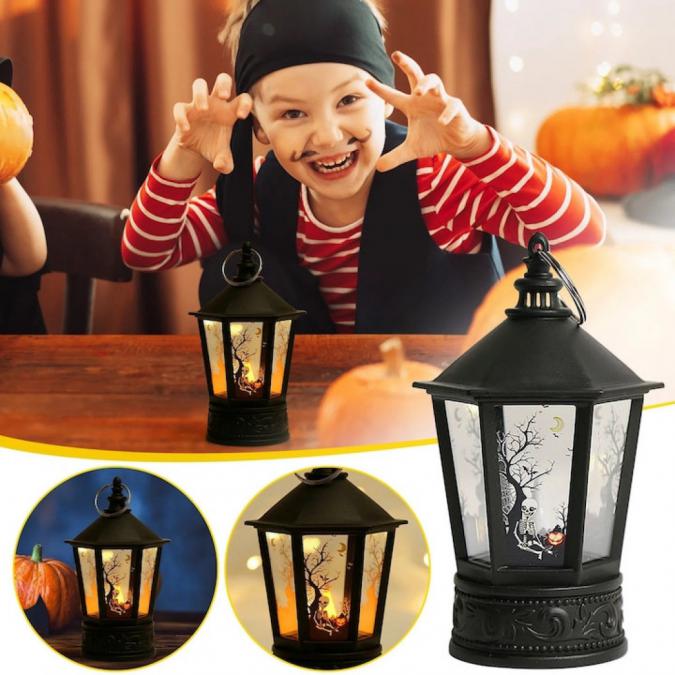 Декоративен LED фенер за Хелоуин  Реалистичен пламък и тематични шарк