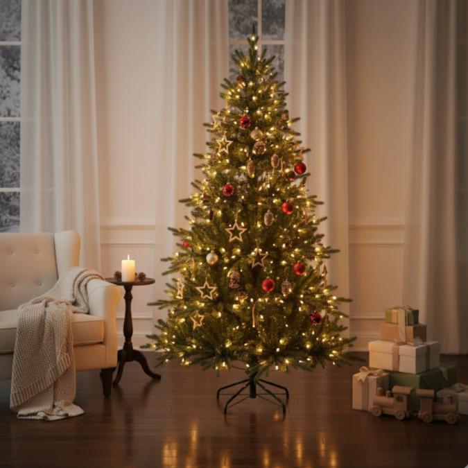 Коледна елха с шишарки и метална стойка - естествена визия