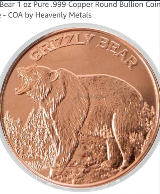 1 oz copper bar 99.9 % чисто медно кръгло кюлче Grizzly Bear.