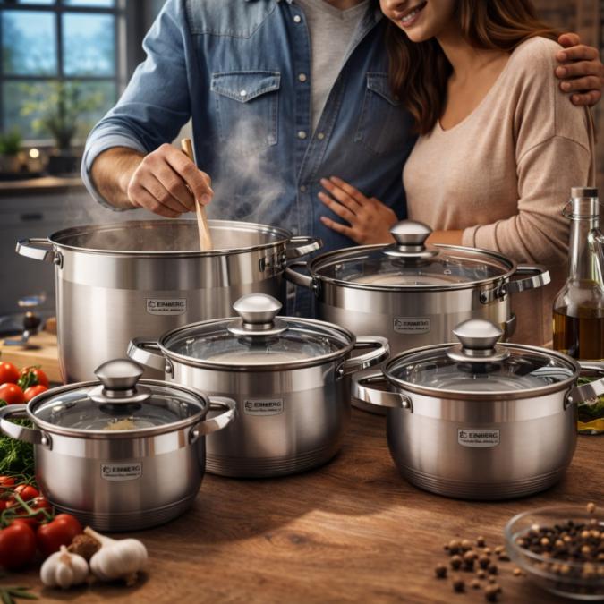 Комплект тенджери от неръждаема стомана, 10 части, Индукция, Многосло