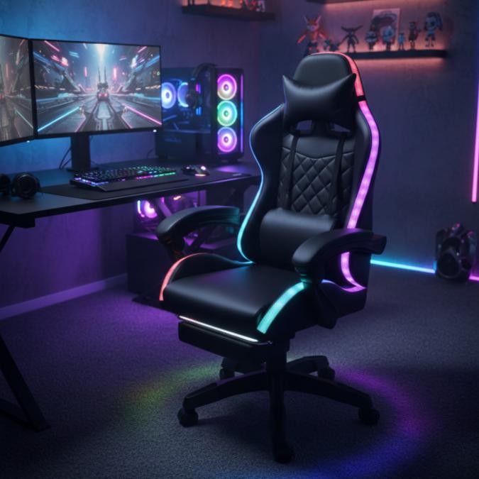 Черен геймърски стол с масаж, LED осветление и поставка за крака  ерг