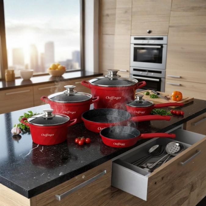 Премиум комплект съдове за готвене 12 части с мраморно покритие Cheffi