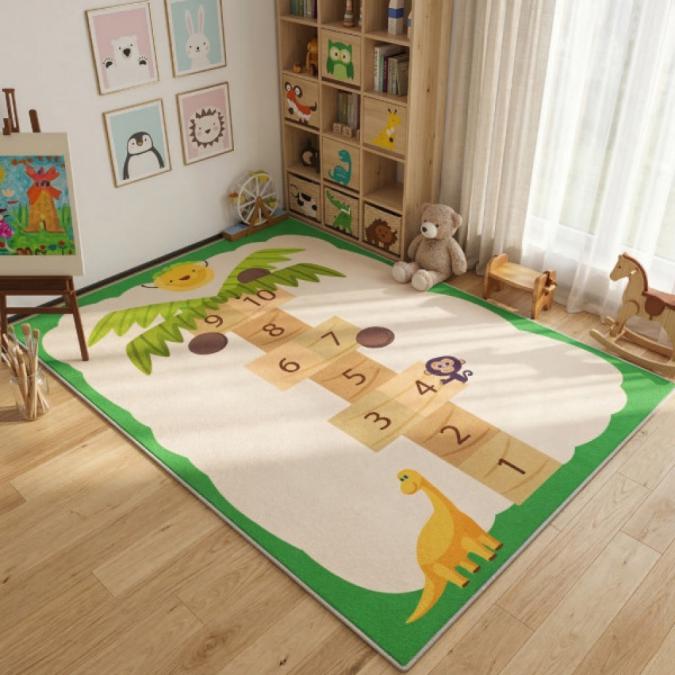 Детски килим за игра 120х160см - бял килим с динозавър и дама-палма, п