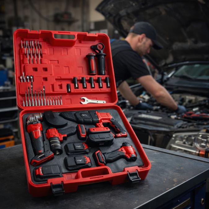 Комплект 4 в 1 акумулаторен перфоратор, гайковерт, винтоверт и ъглошла