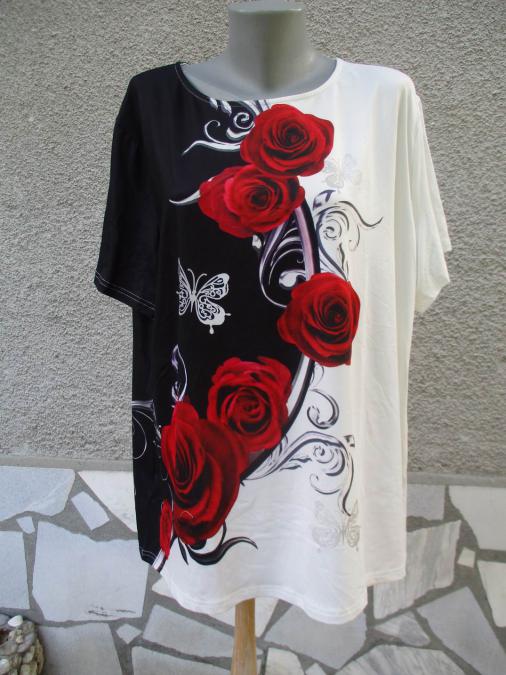4XL 5XL Нова черно-бяла блуза с рози