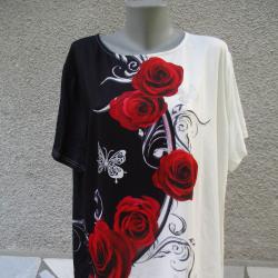 4XL 5XL Нова черно-бяла блуза с рози