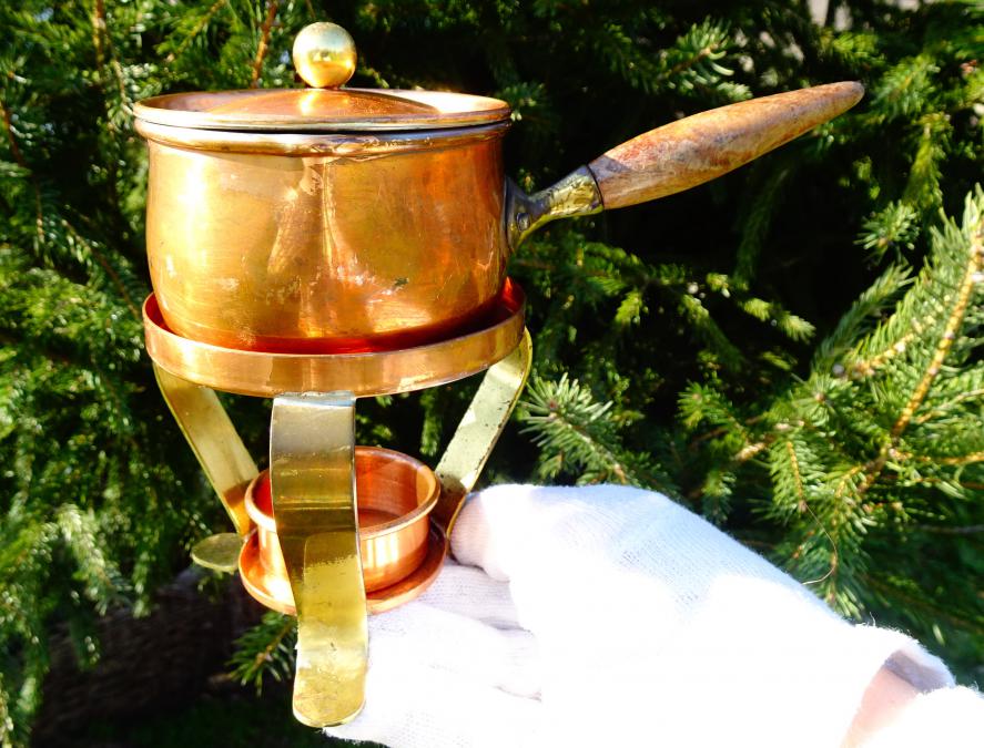 Медна тенджера с мангал, комплект за масло, мляко, фондю.