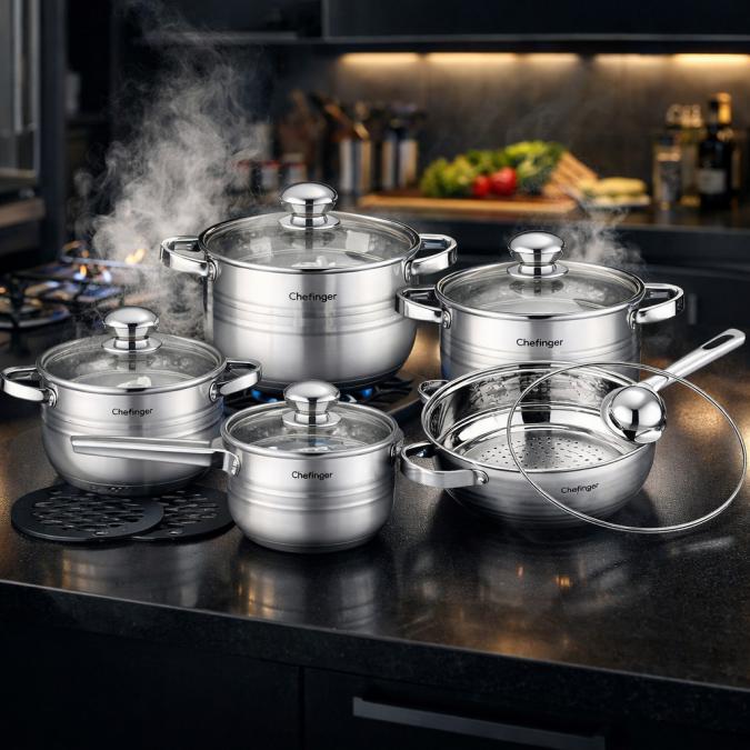 Комплект съдове за готвене 12 части Cheffinger, с индукционно дъно и с