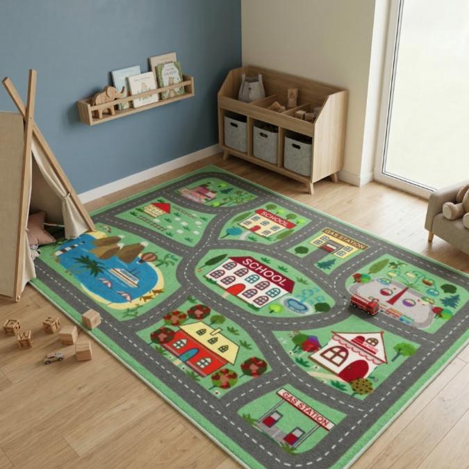 Детски килим за игра 120х160см - Зелен килим с училище и пътища, проти