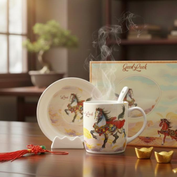 Подаръчен късметлийски порцеланов комплект  чаша, чинийка и лъжичка с