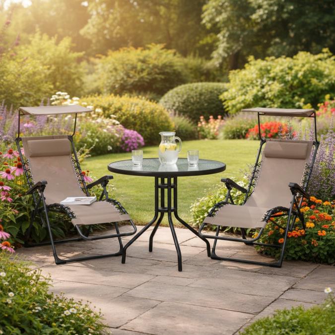 Комплект за релаксация на открито 2 сгъваеми шезлонга с нулева гравит