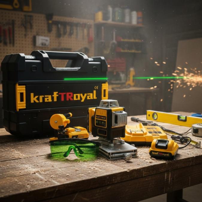 Лазерен нивелир Kraft Royal, Самонивелиращ, 4D, Дистнационно, Жълт, 5V