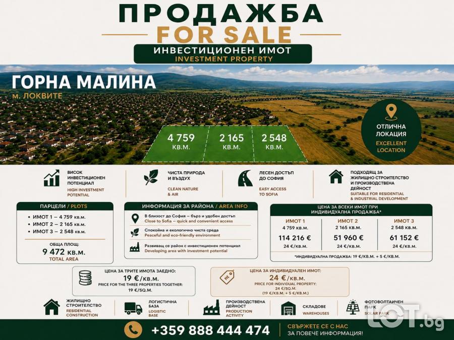 Инвестиционен имот за продажба с. Горна Малина, м. Локвите