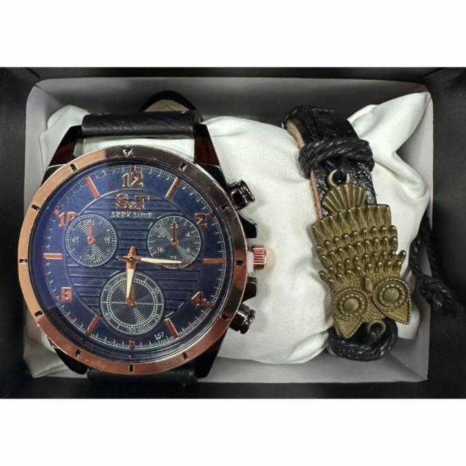 Мъжки часовник S&T Seek Time с кожена гривна  подаръчен комплект
