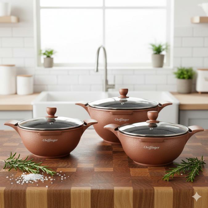 Комплект от 3 тенджери Cheffinger с мраморно покритие 20 24 28 см с ка