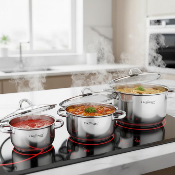 Тенджера от неръждаема стомана Cheffinger с индукционно дъно и стъкле