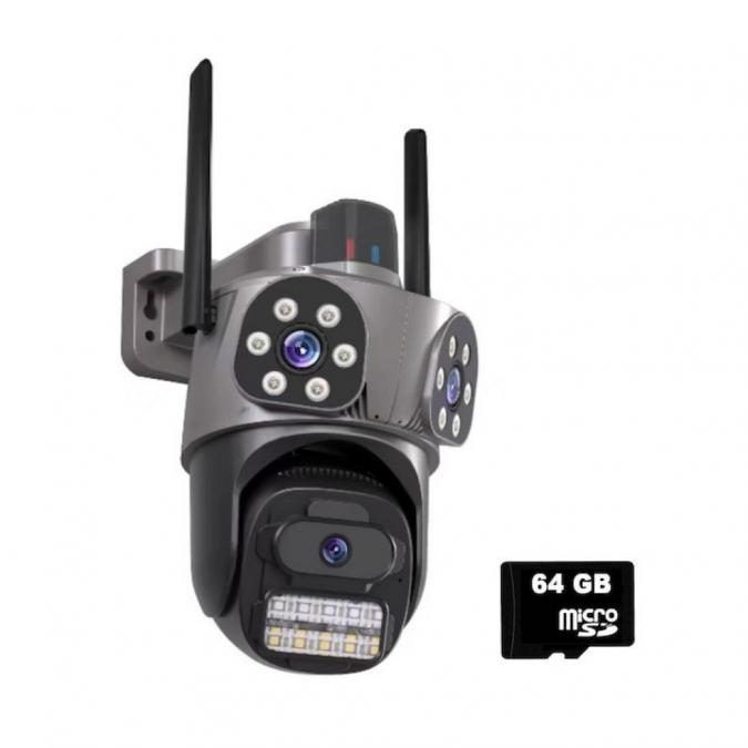 Тройна външна Wifi камера 9MP с аларма, 24 диода, Icsee, 64gb памет