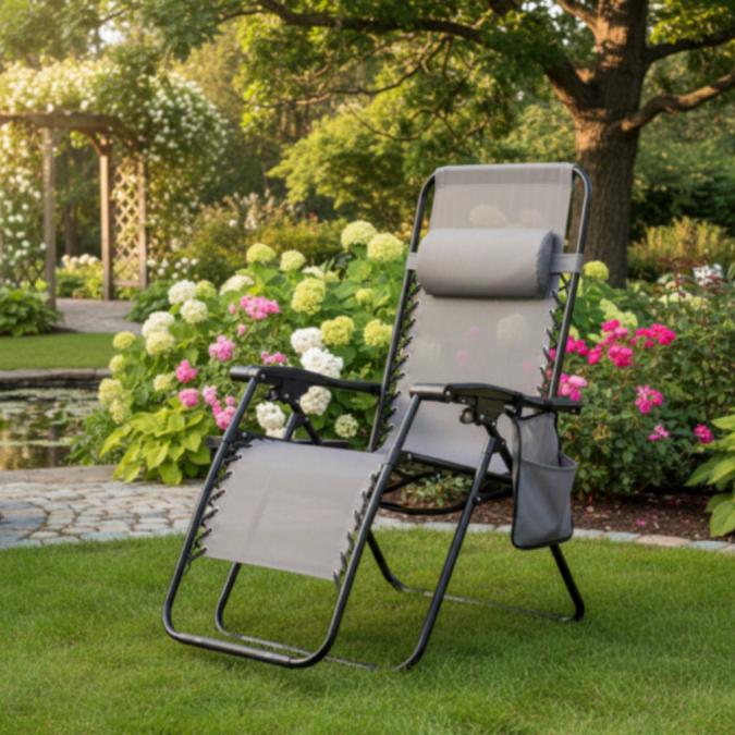 Сгъваем градински шезлонг със стойка, джоб и възглавница - мобилна зон