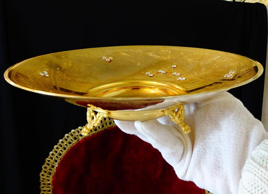 Позлатена фруктиера 24k Gold, етикет, Art Nouveau.