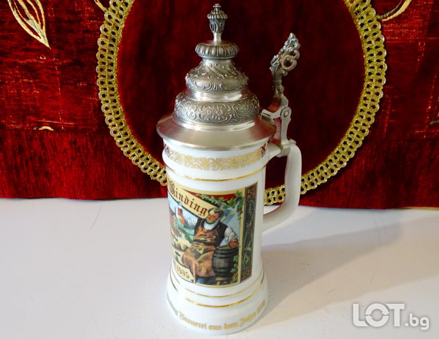 Порцеланова халба с калаен капак, пивоварна Binding.