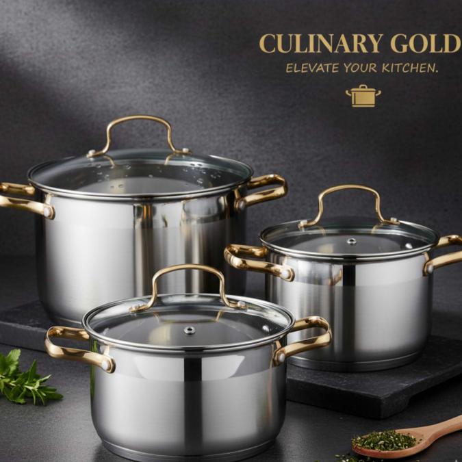 Луксозен комплект тенджери с неръждаема стомана и златисти дръжки  пе