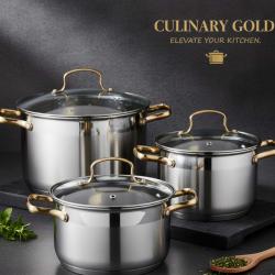 Луксозен комплект тенджери с неръждаема стомана и златисти дръжки  пе