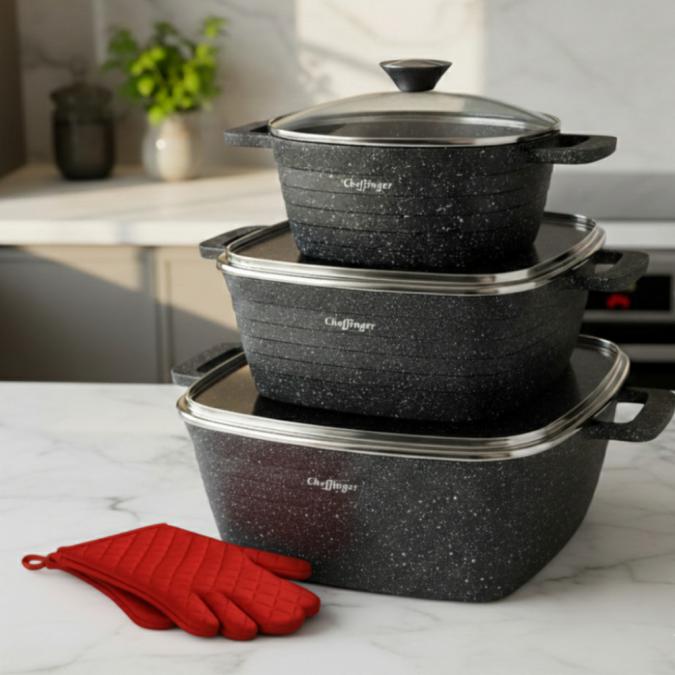 Комплект тенджери  Cheffinger от 3 части с мраморно покритие и капаци