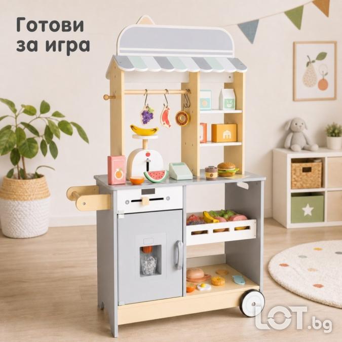 Детски дървен магазин и фуудтрак с ледогенератор и аксесоари