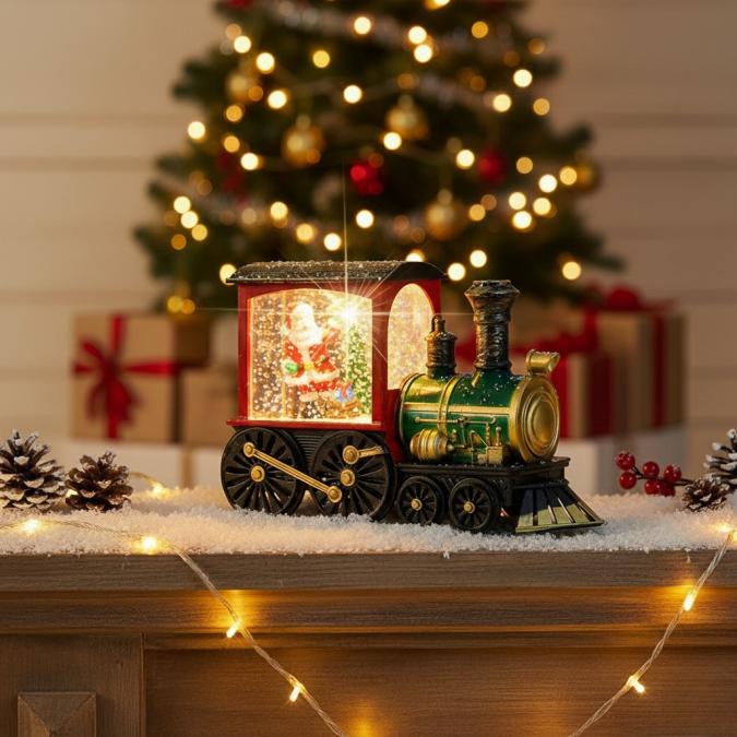 Коледна декоративна композиция Влакът на Дядо Коледа с LED светлина,