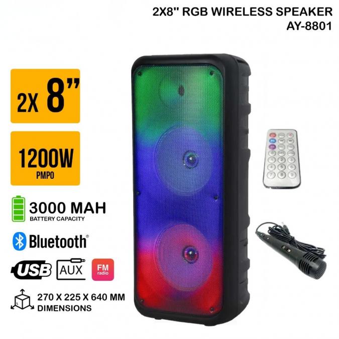 Безжична RGB тонколона  2 8 говорителя, Bluetooth, 1200 W, батерия 3